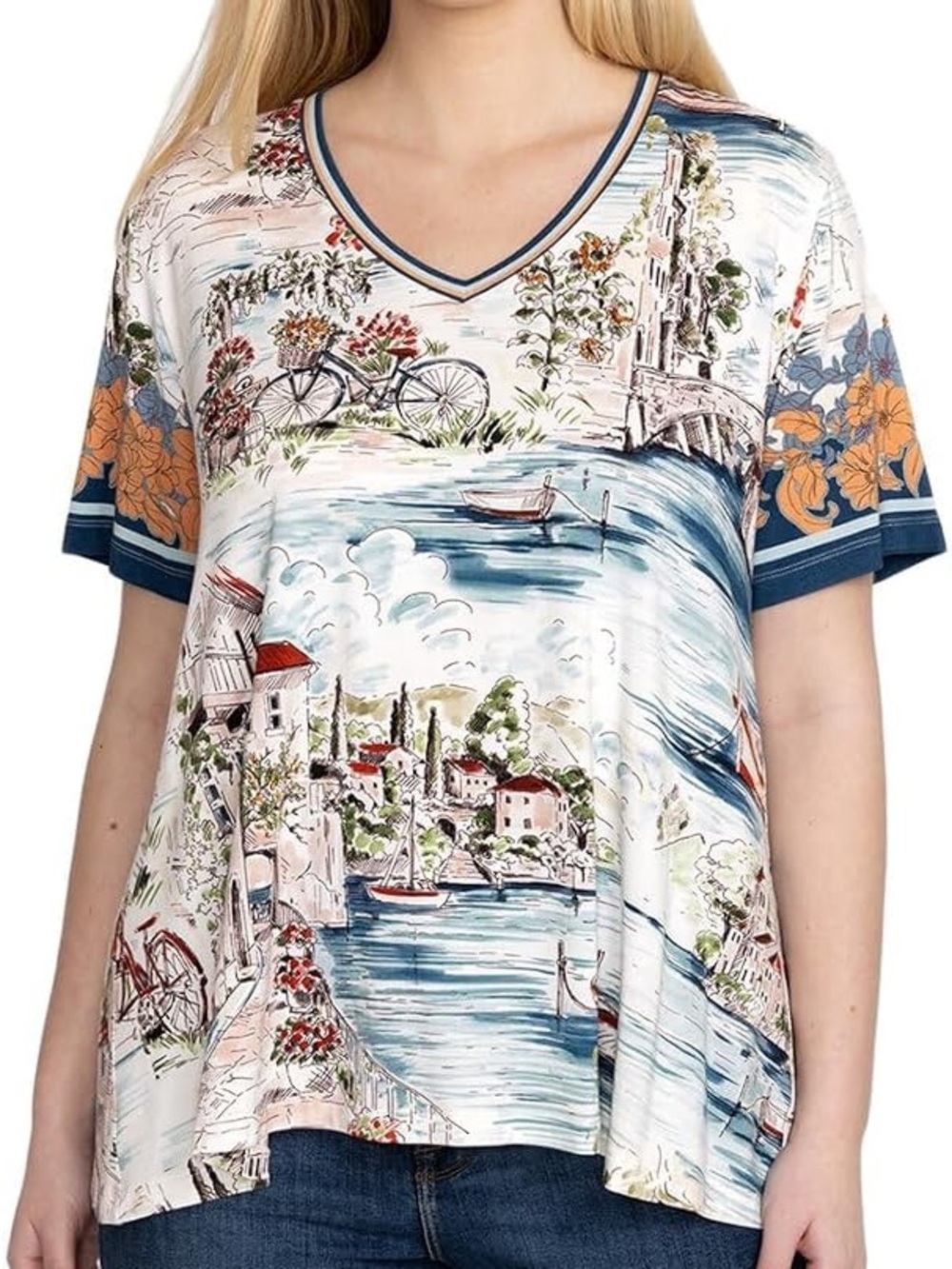 Johnny Was Jamie Favourite Swing T-Shirt Print V-Neck Short Sleeve Top Womens 1X